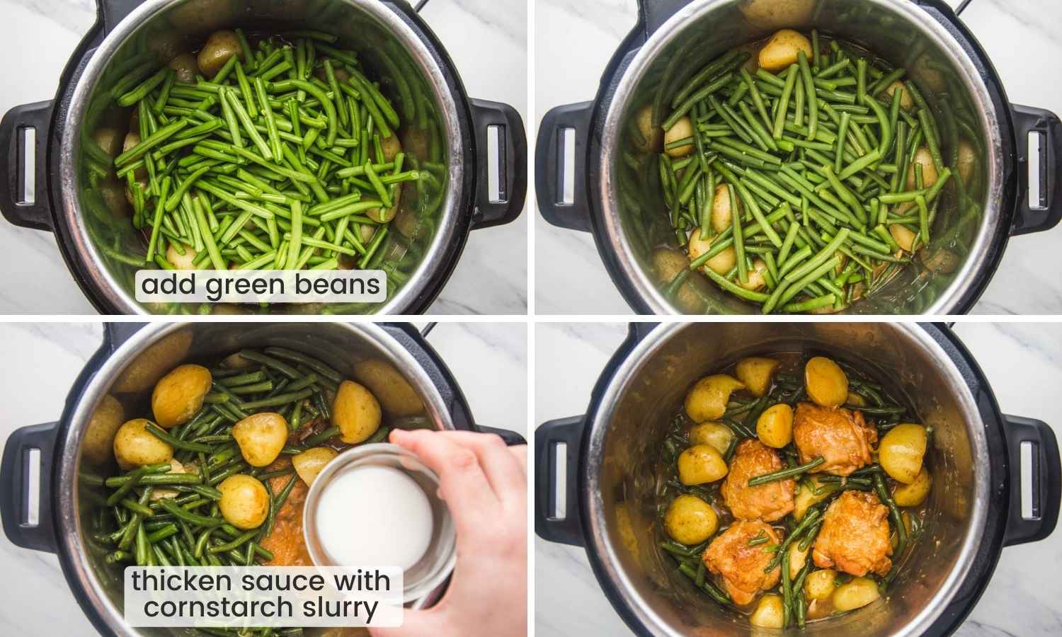 Collage of four images showing how to add green beans to the chicken, then thicken the sauce with cornstarch slurry.