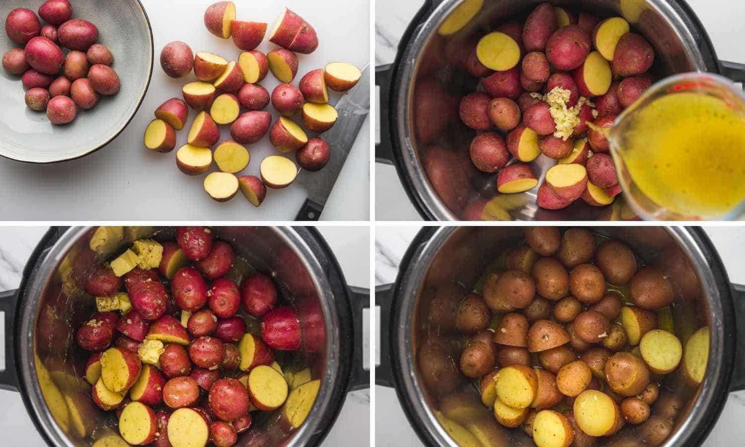 Collage of four images showing how to cook red potatoes in the instant pot