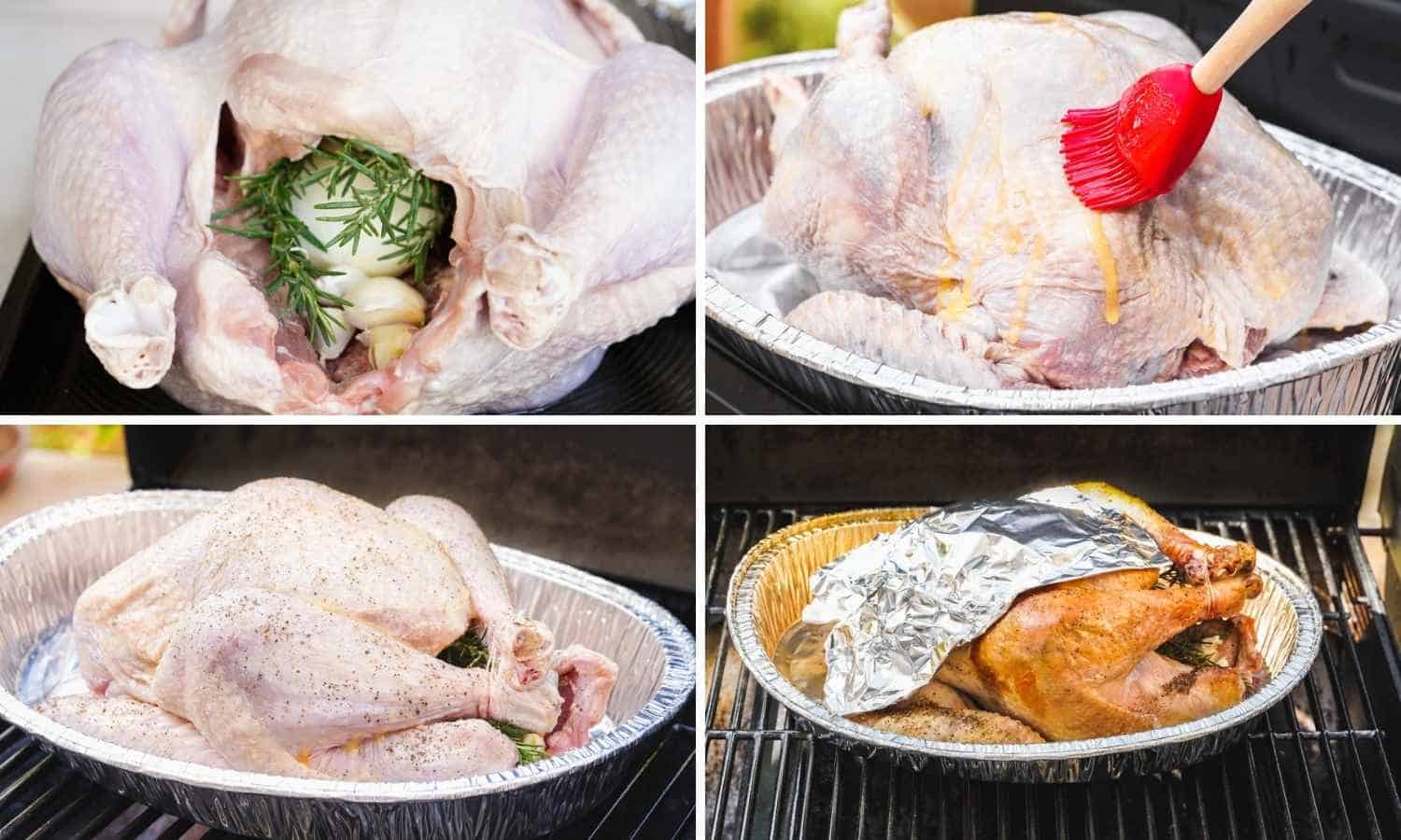 Collage of four images showing how to grill a turkey