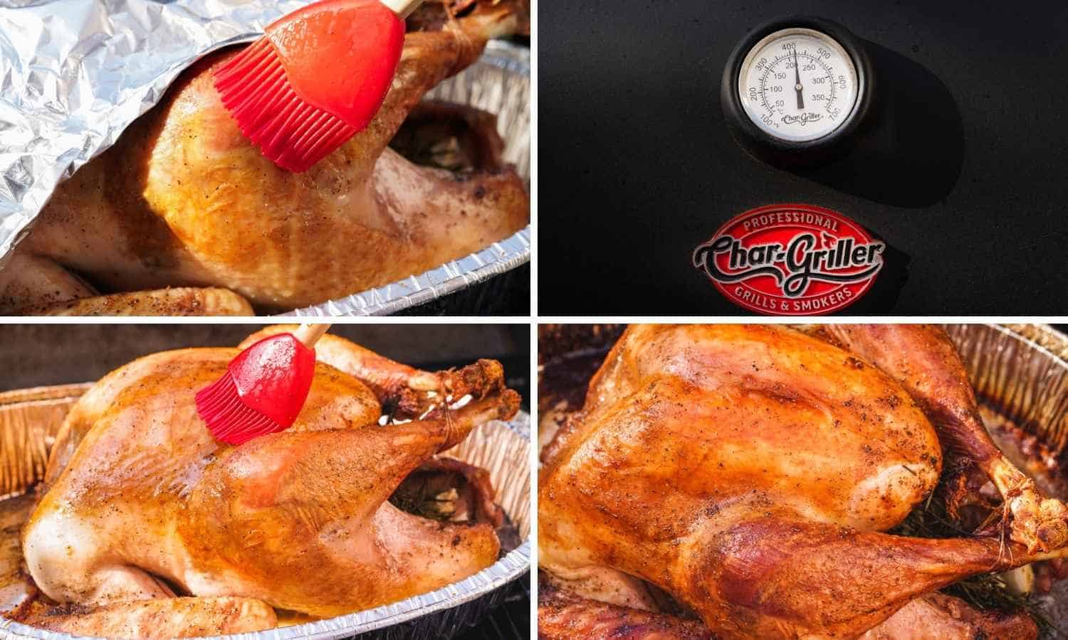 Collage of four showing how to grill a turkey