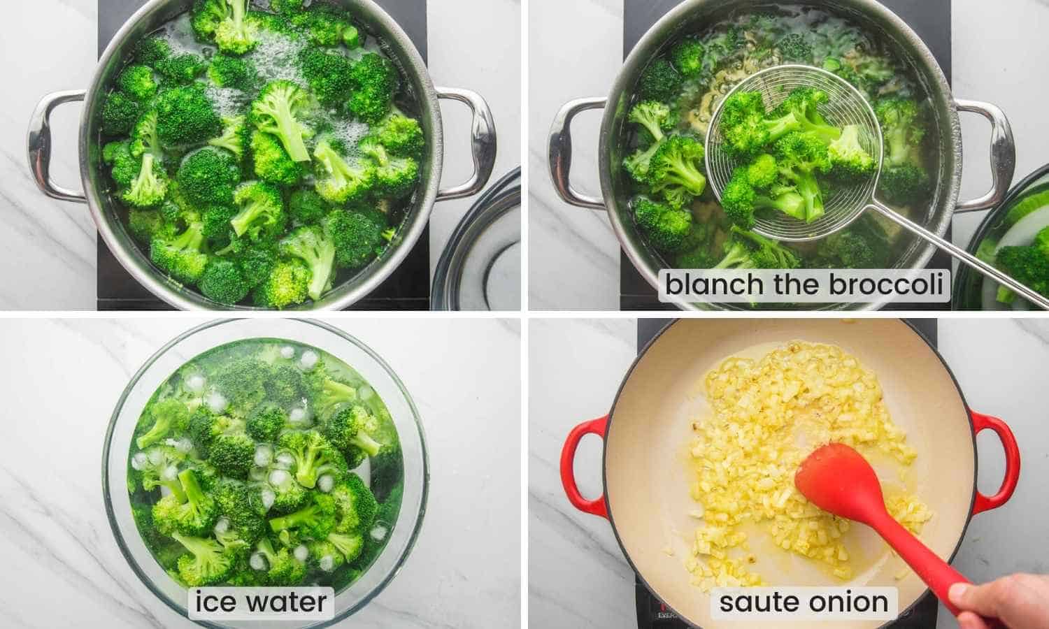 Collage of four images showing how to blanch broccoli and saute onions