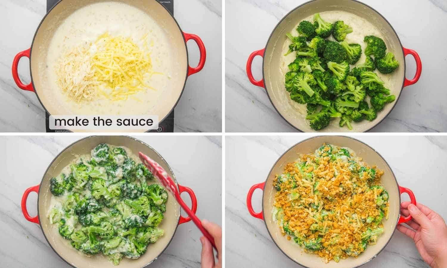 Collage of four images showing how to finish the sauce, then stir in the broccoli, add topping and bake