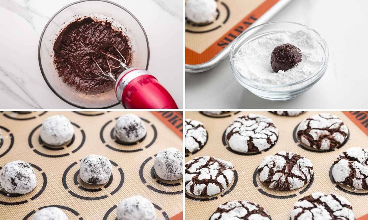 Collage of four images showing how to make chocolate crinkle cookies