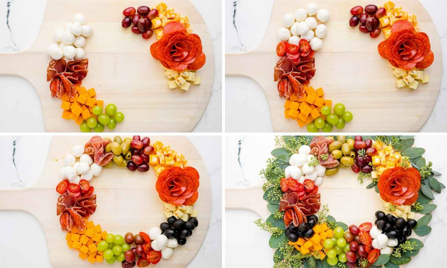 Collage of four images showing how to arrange the charcuterie board wreath