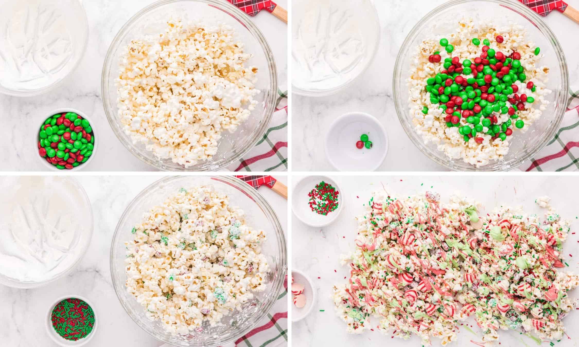 Collage of four images showing how to make Christmas popcorn