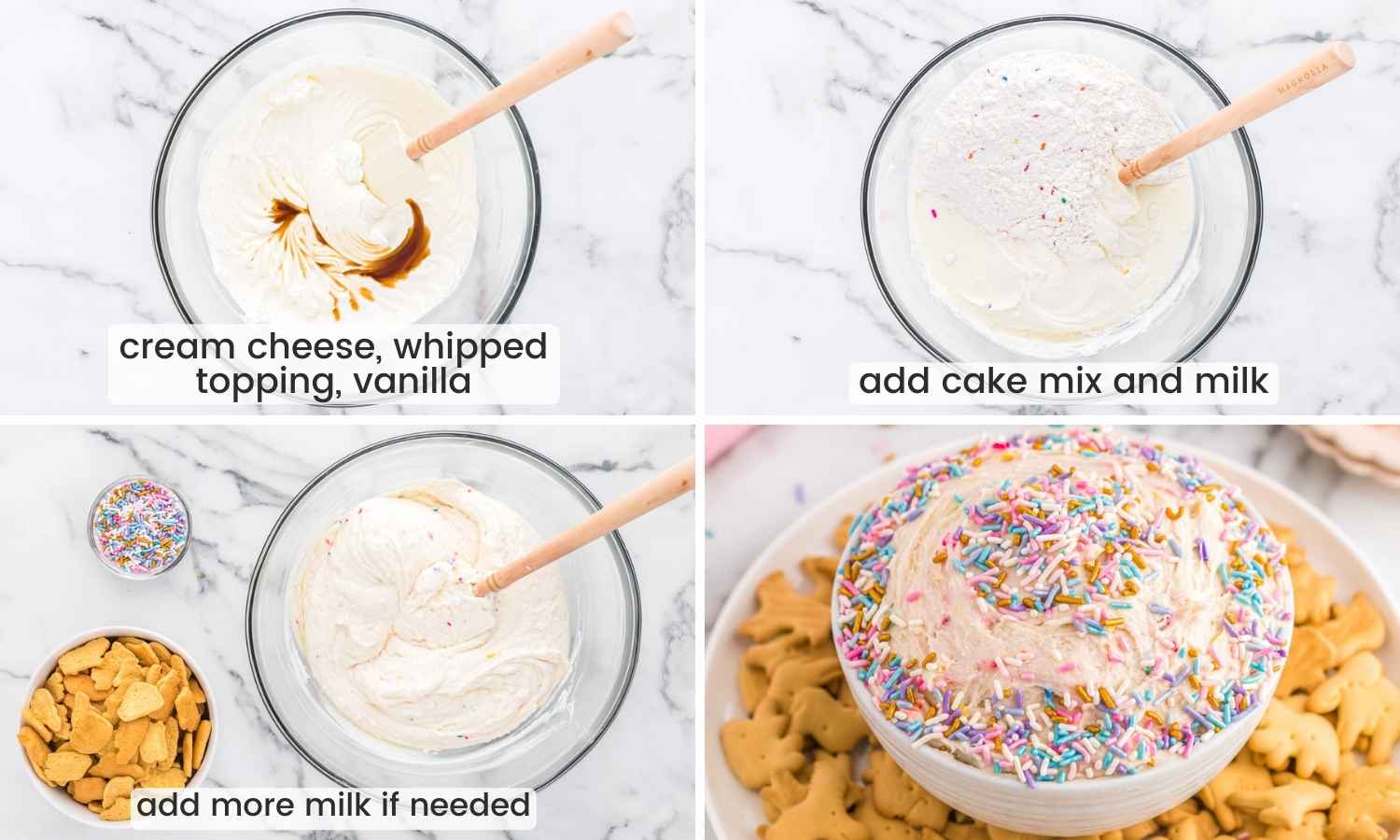 Collage of four images showing how to make funfetti dip