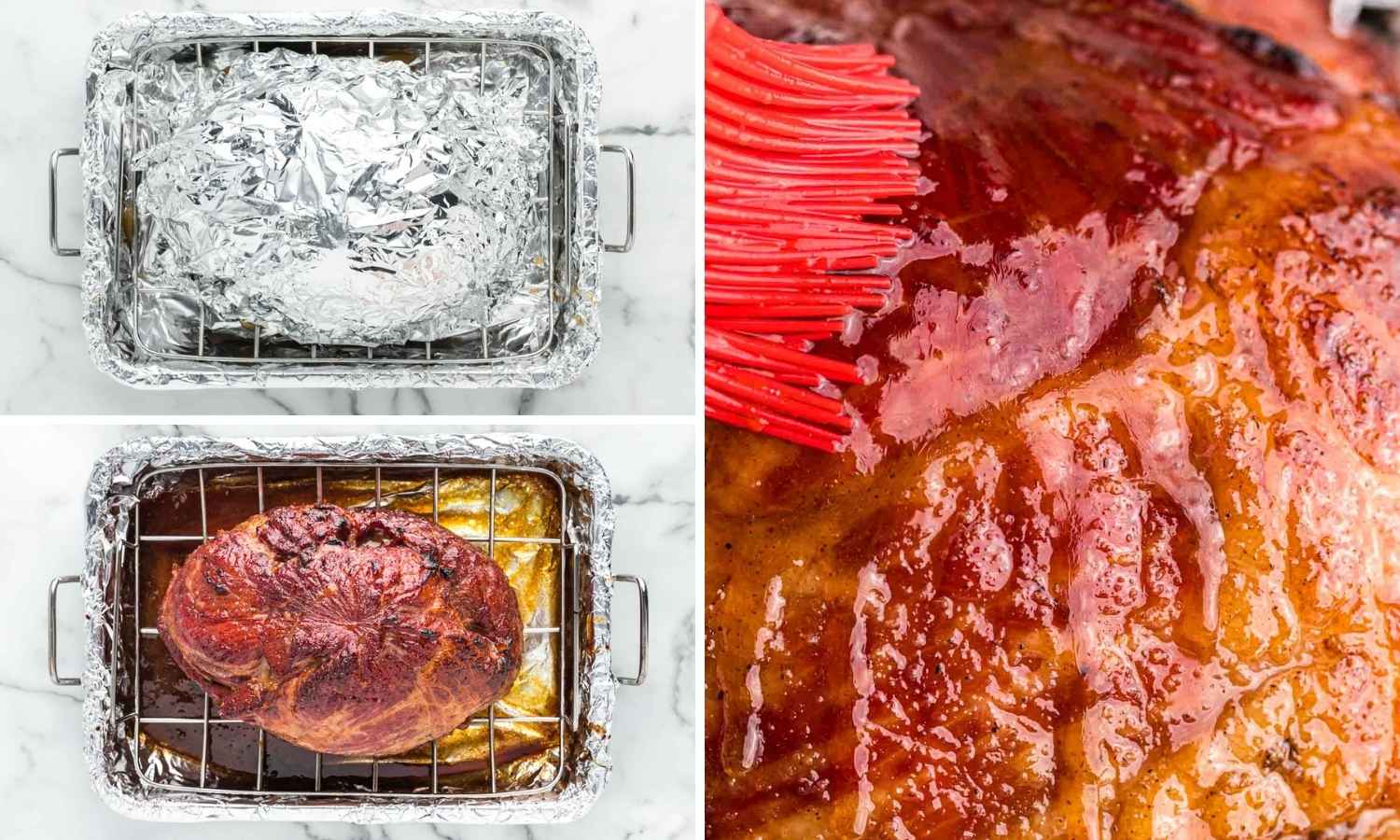 Collage of three images showing how to cook a honey baked ham
