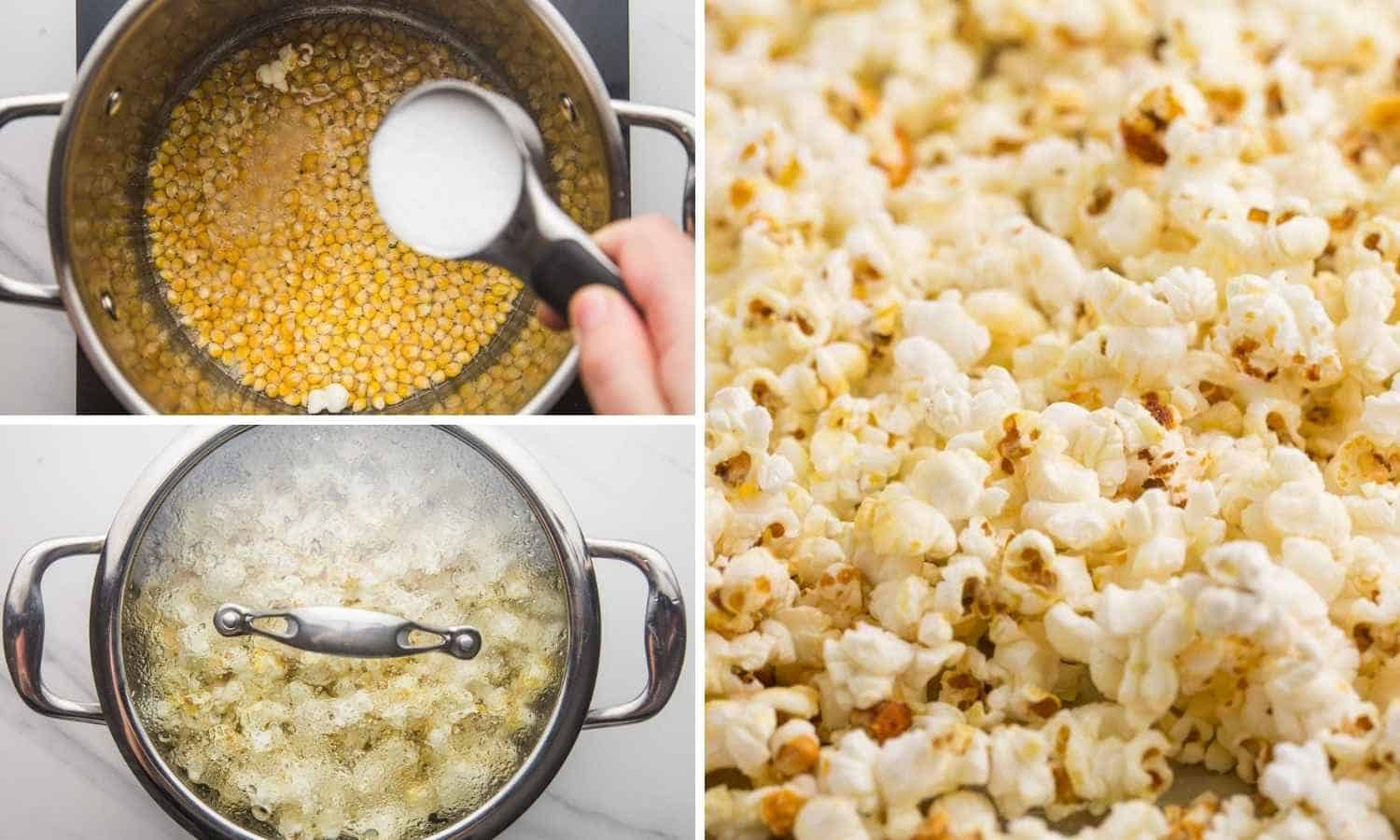 Collage of three images showing how to make kettle corn