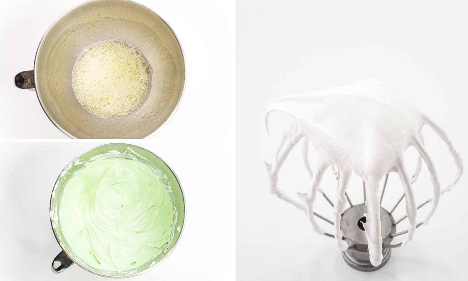 Collage of three images showing how to make green meringue