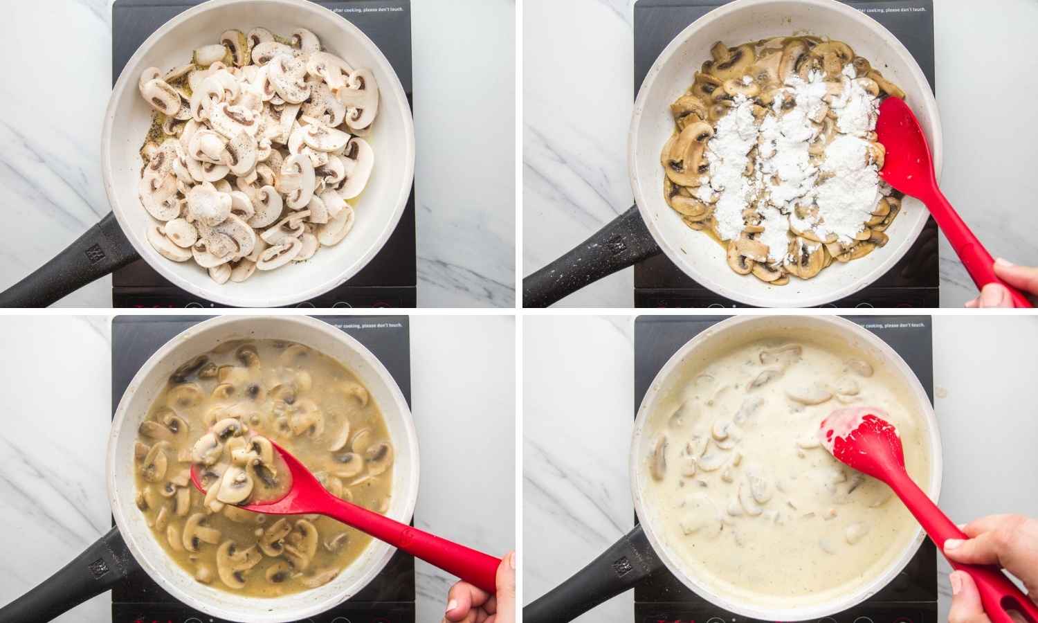 collage of 4 images showing how to make mushroom sauce