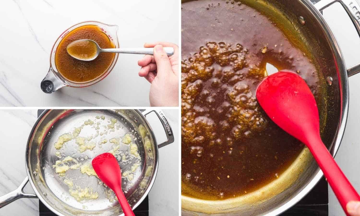 Collage of three images showing how to make orange chicken sauce