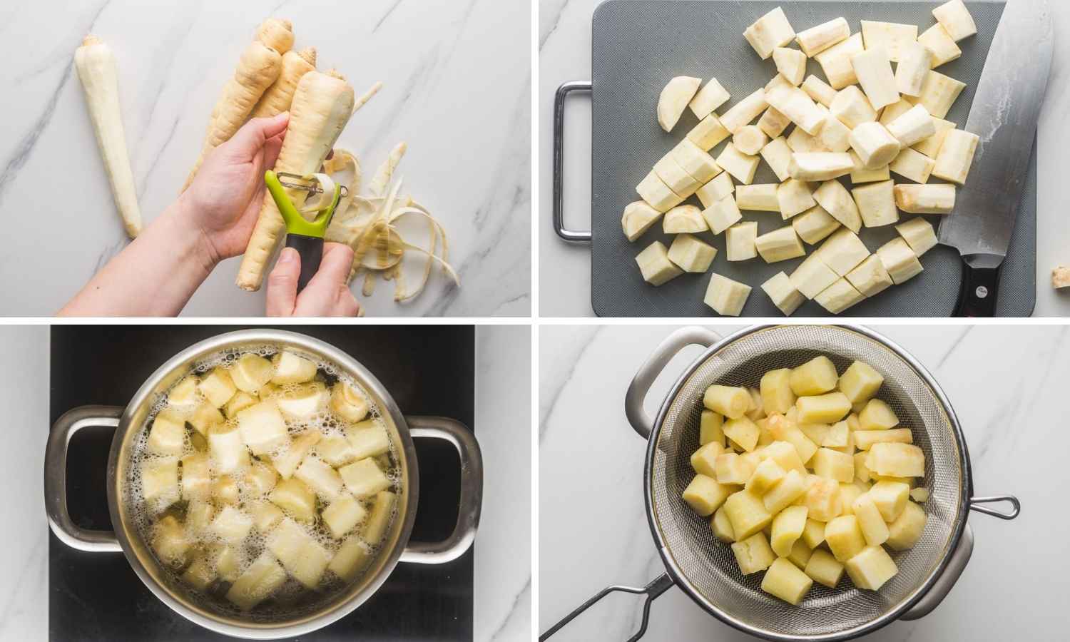 Collage of four images showing how to prep the parsnips, and boil them