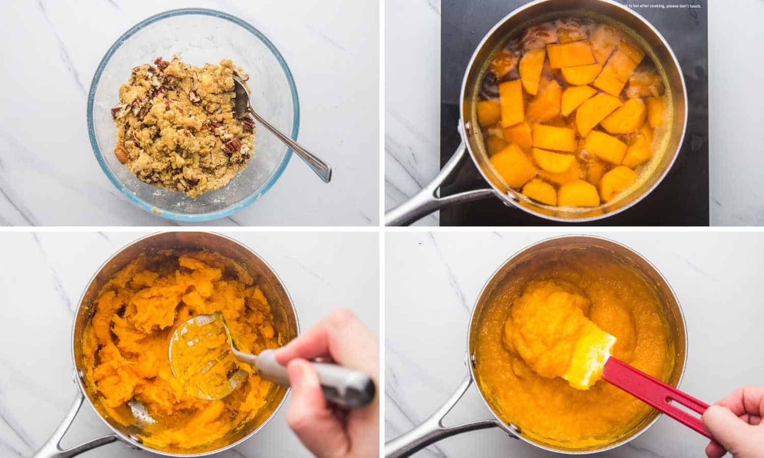 Collage of four images showing how to make topping, and boil sweet potatoes and mash them