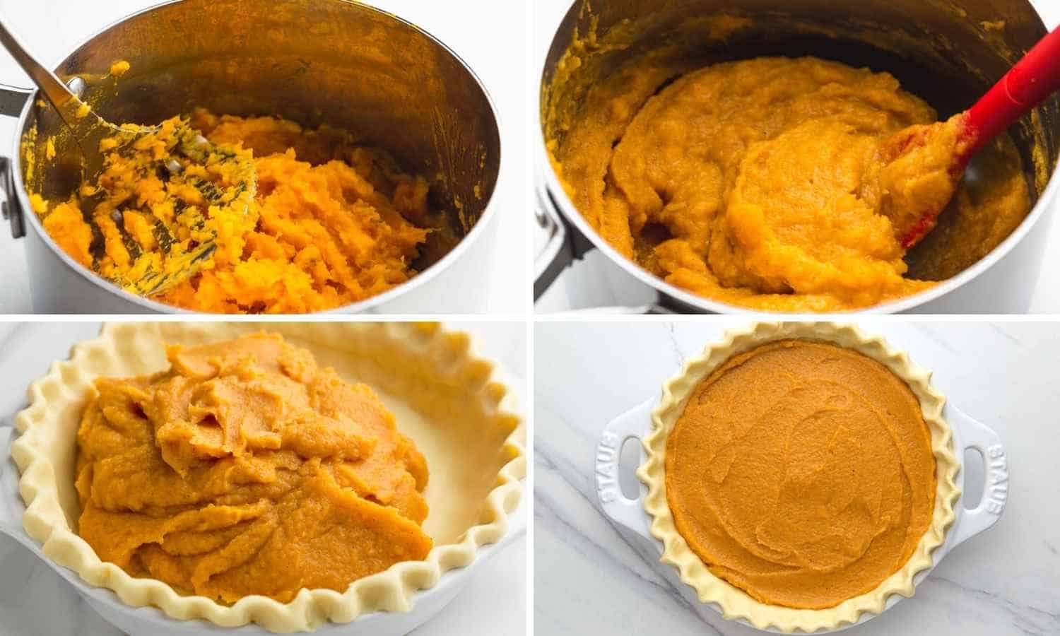 Collage of four images showing how to make potato pie filling