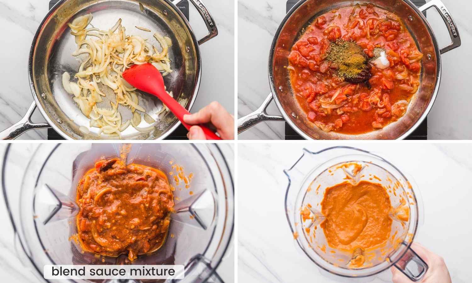 Collage of four showing how to make tinga sauce in a skillet and then blend it until smooth