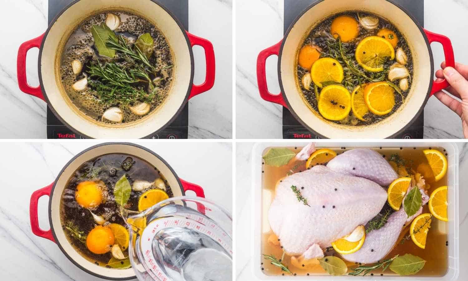 Collage of four showing how to make turkey brine in a dutch oven