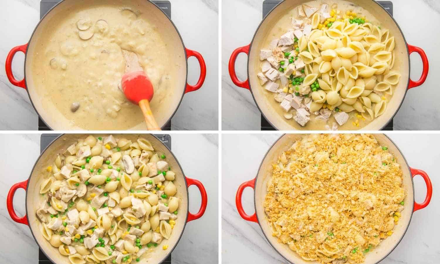 Collage of four images showing how to finish off the sauce, add pasta, turkey, vegetables, and topping to bake.