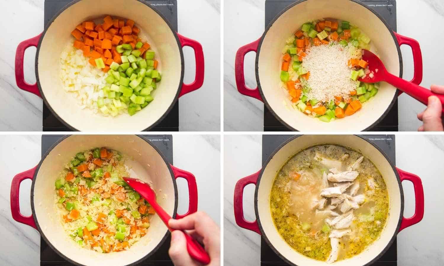 Collage of four images showing how to make turkey and rice soup