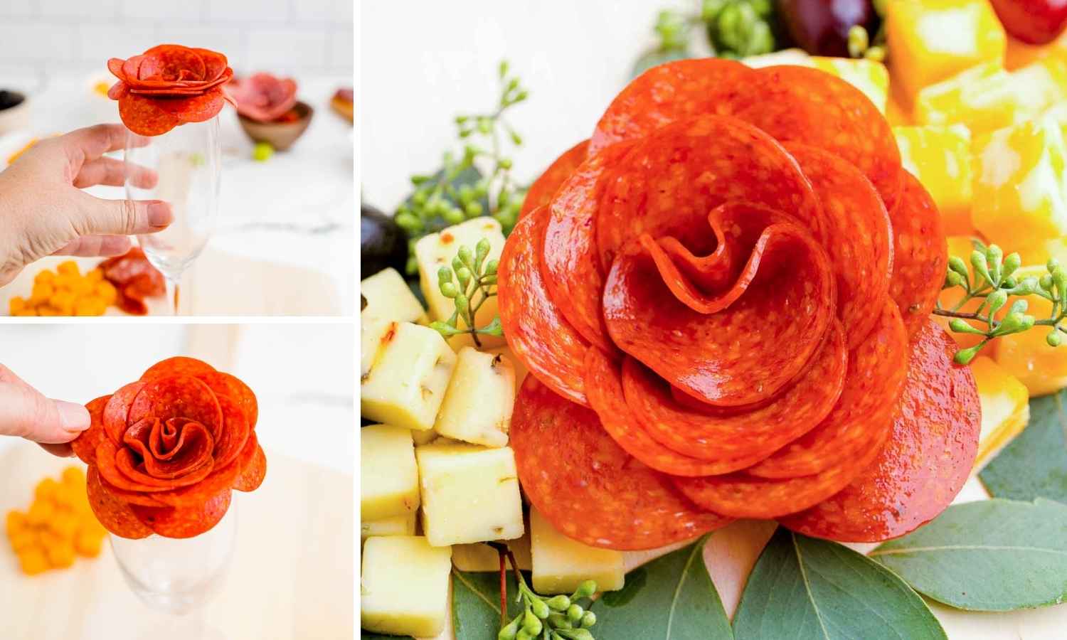 Three images in a collage showing how to make a salami rose