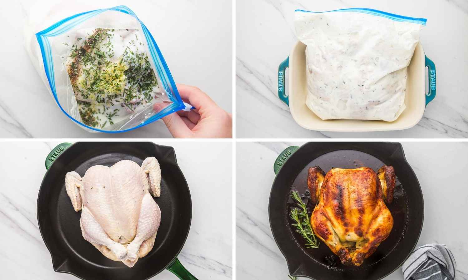 Collage of four images showing how to marinate a chicken in buttermilk and then roast it