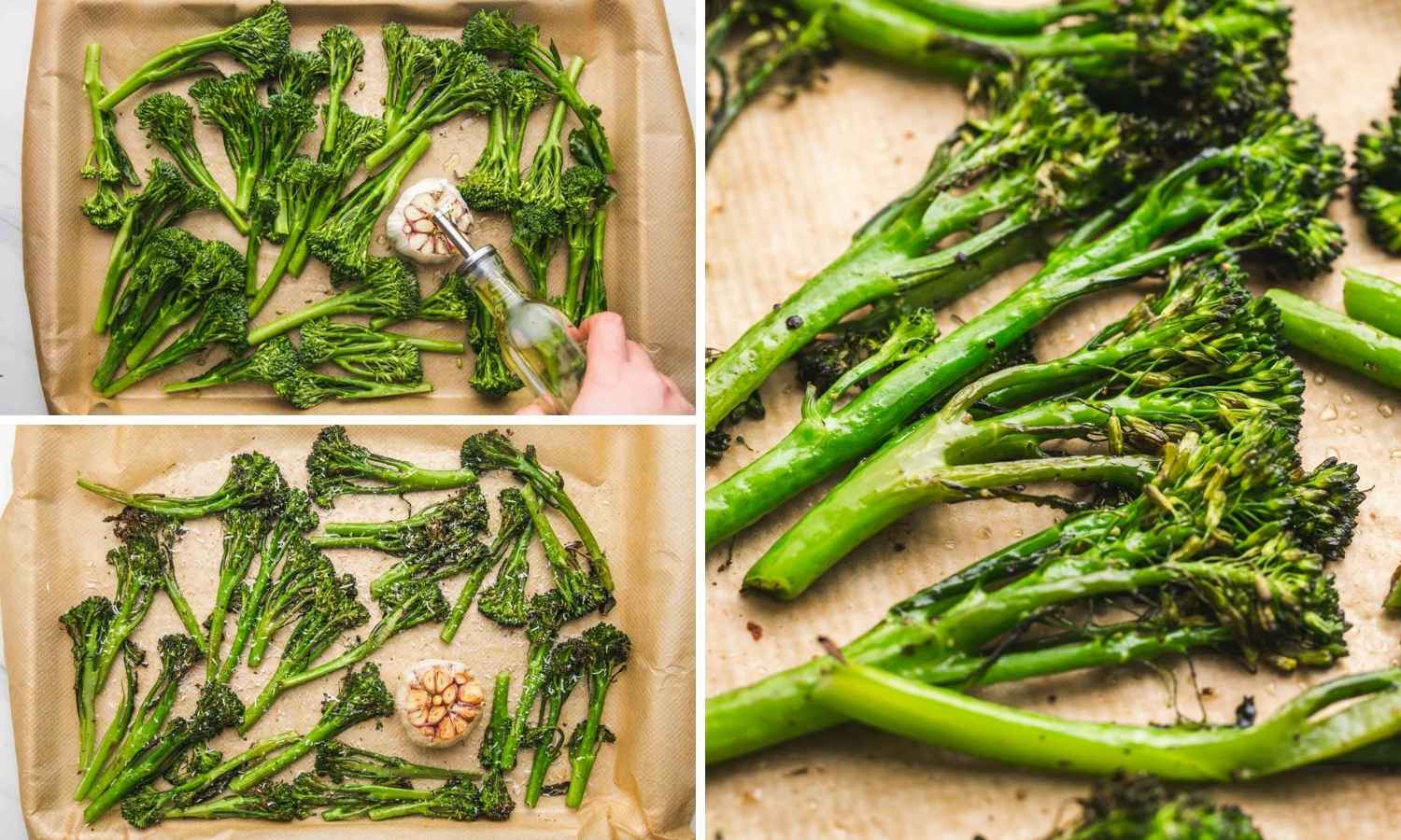 Collage of three images showing how to roast broccolini