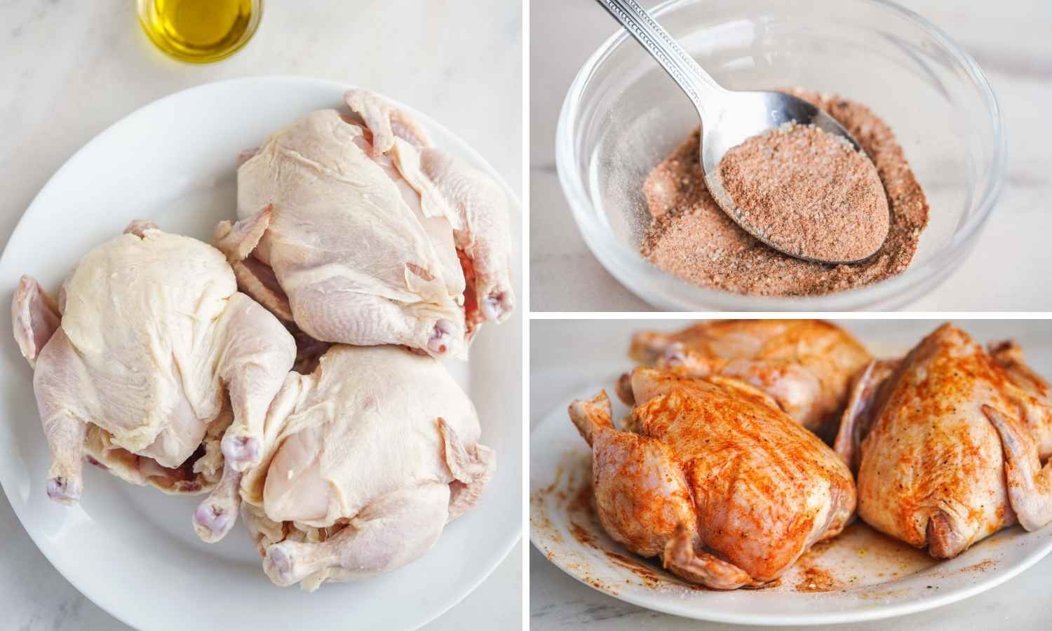 Collage of three images showing how to season cornish hens