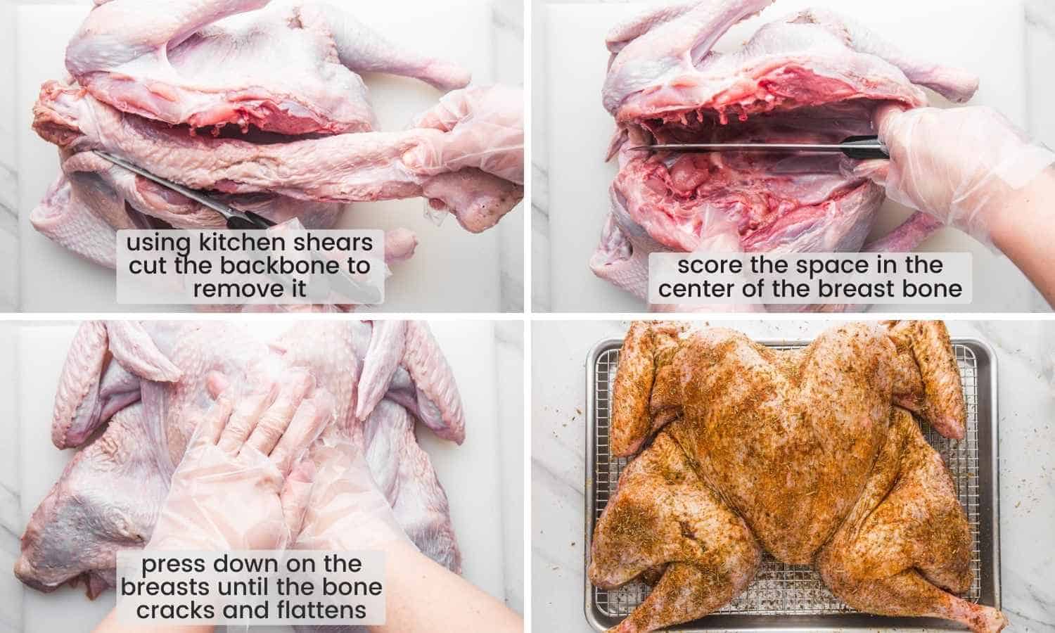 Collage of four images showing how to spatchcock a turkey and season it.