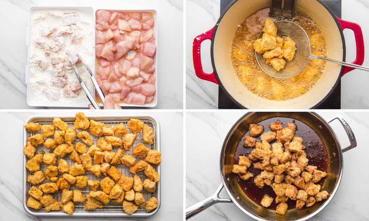 Collage of four images showing how to bread and fry chicken pieces