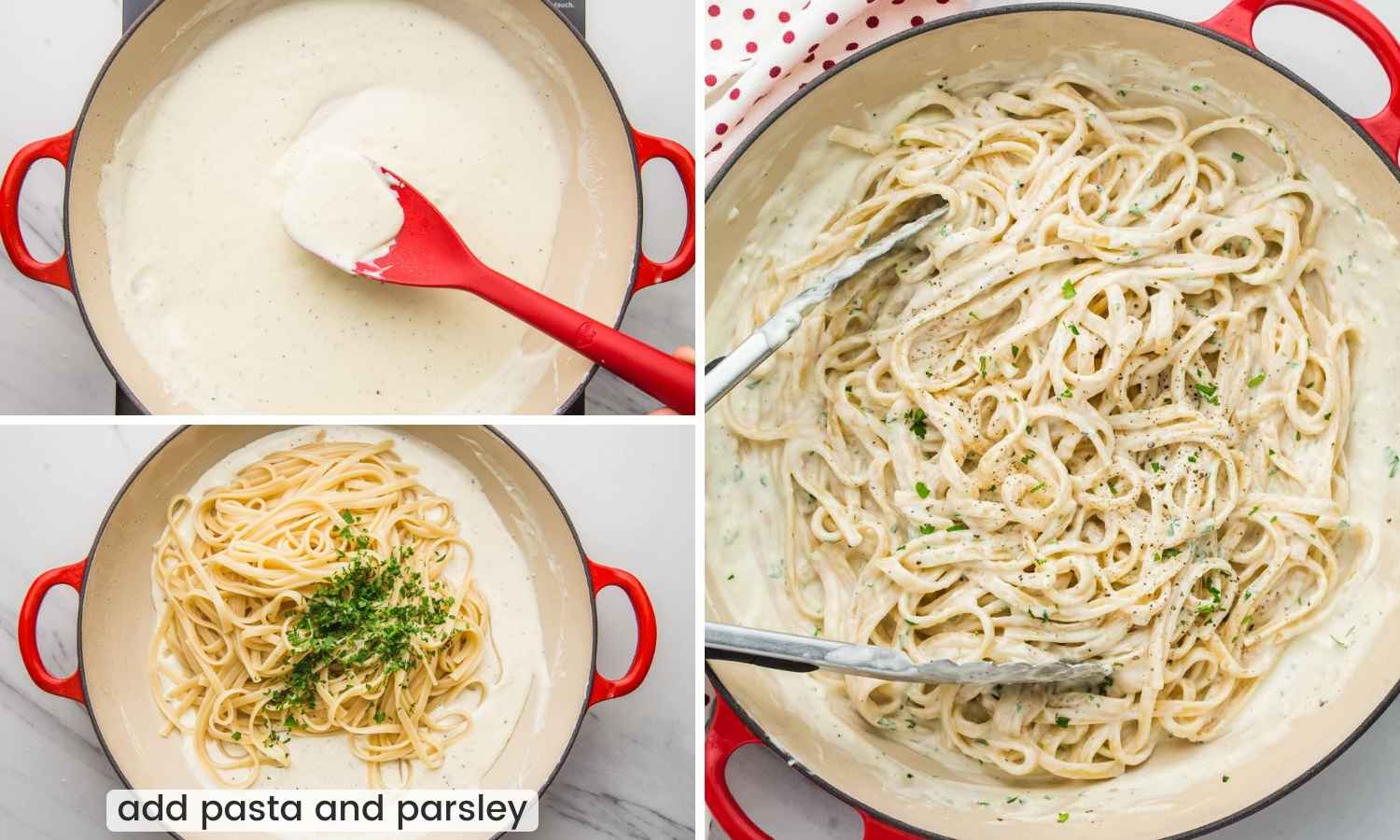 Collage of three images showing how to cream cheese pasta sauce