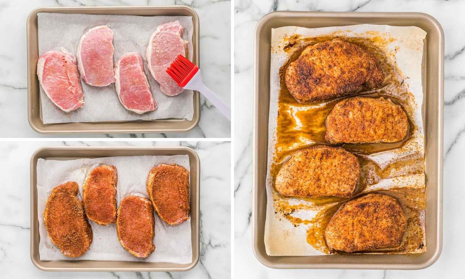Collage of 3 images showing how to season and bake pork chops