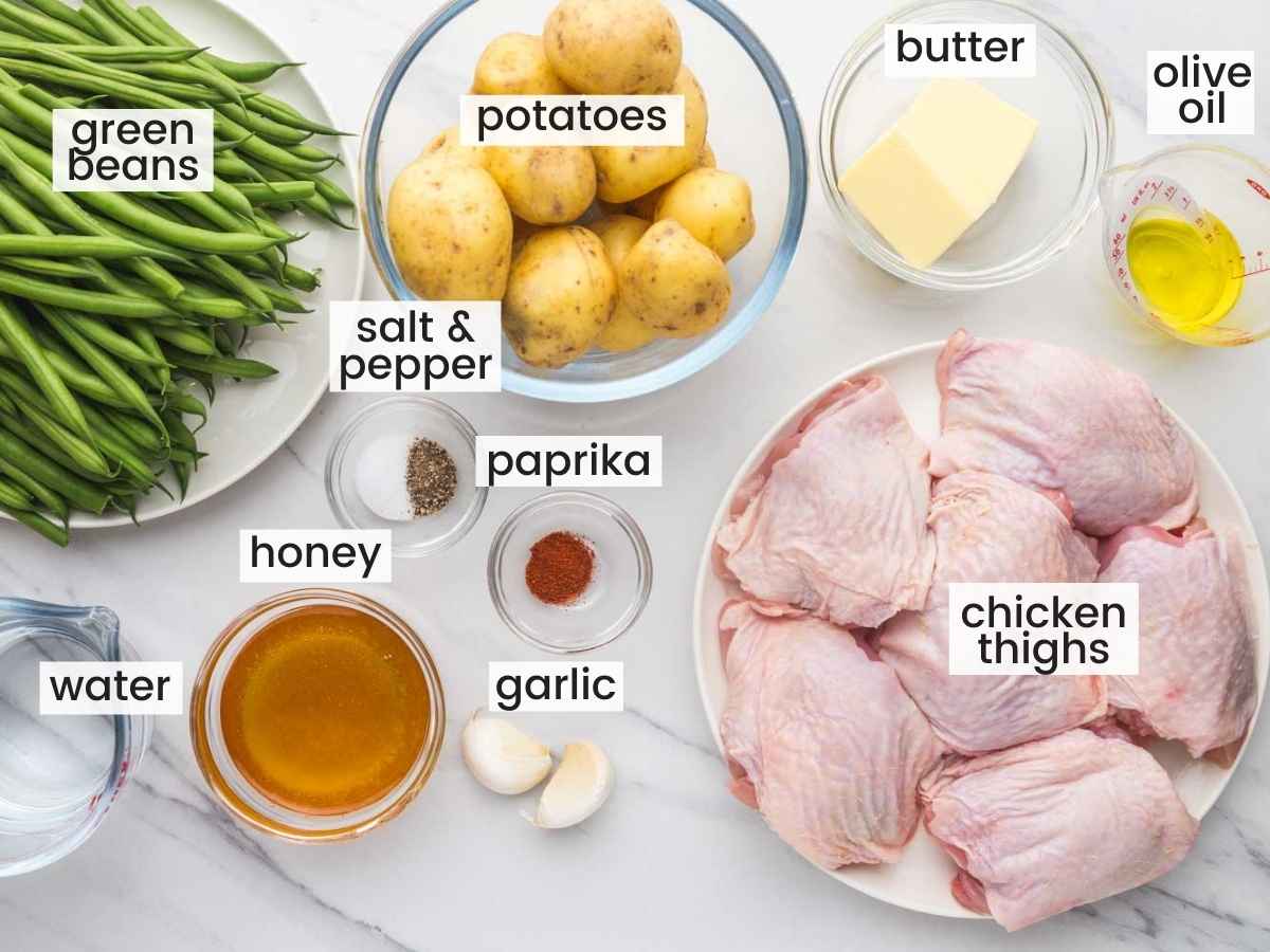 Ingredients needed to make honey garlic chicken thighs in the instant pot with green beans and potatoes