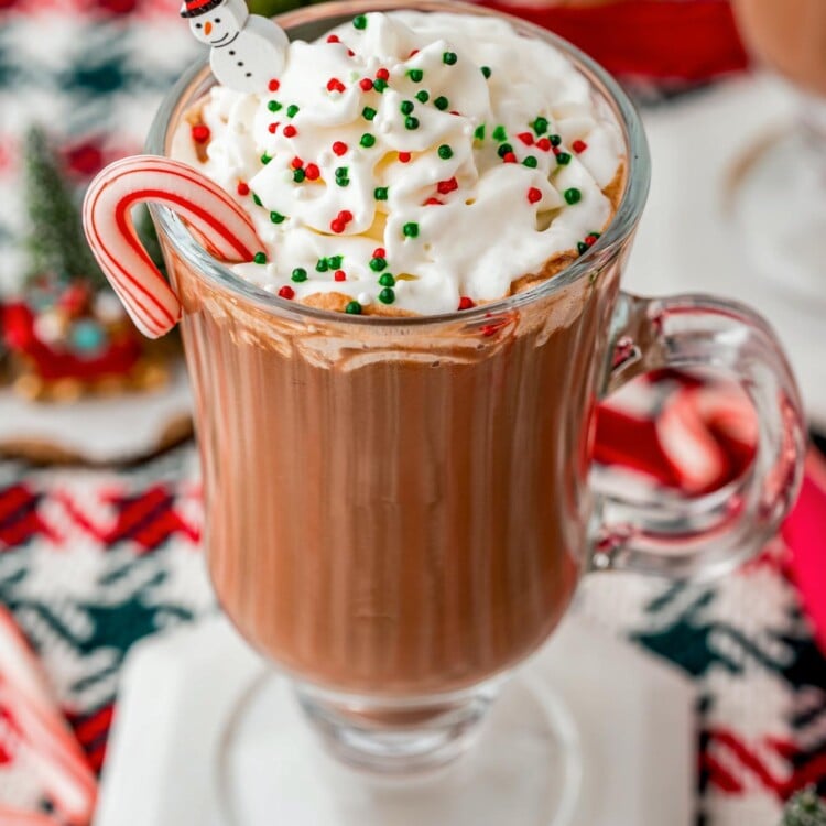 A mug of peppermint hot chocolate with whipped cream and sprinkles