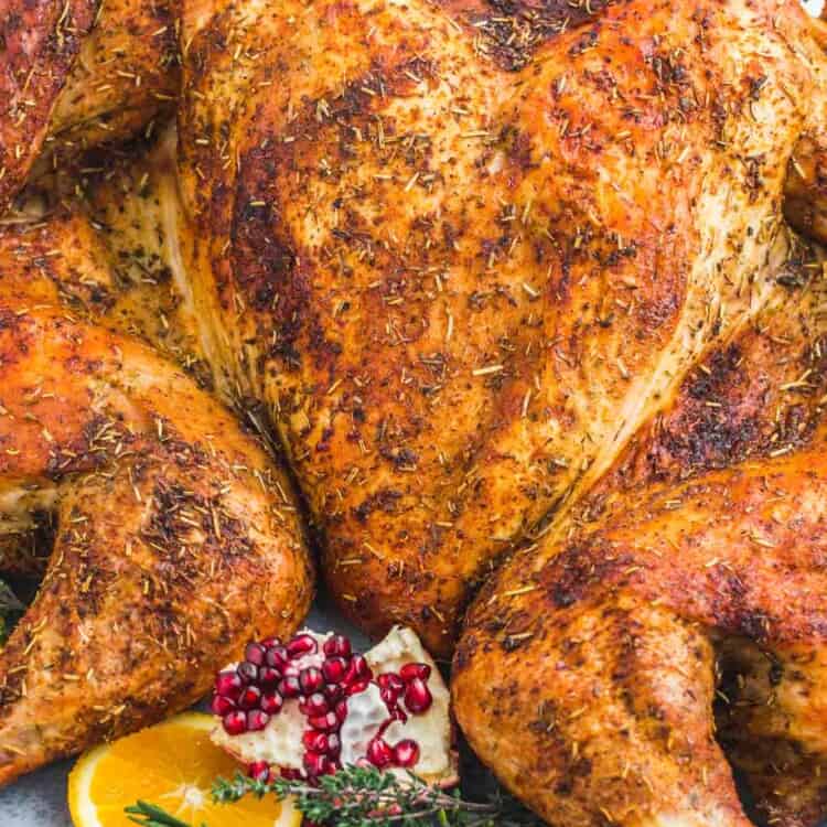 Close up shot of a spatchcocked roast turkey on a platter.