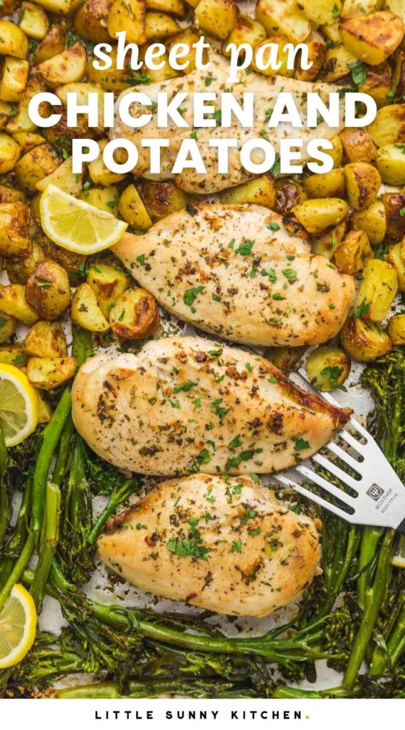 Baked Chicken And Potatoes, and overlay text that says "sheet pan chicken and potatoes"