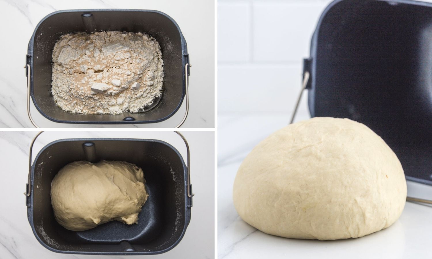 Collage of three images showing how to make pizza dough in bread machine