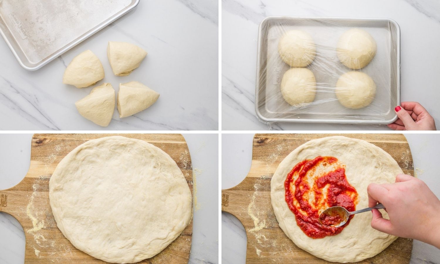 Collage of four images showing how to divide pizza dough, stretch the dough and top with sauce.
