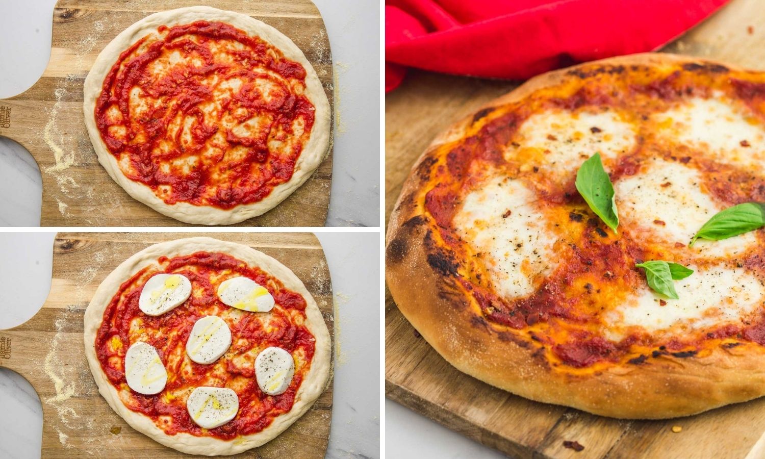 Collage of three images showing how to top the pizza and bake it