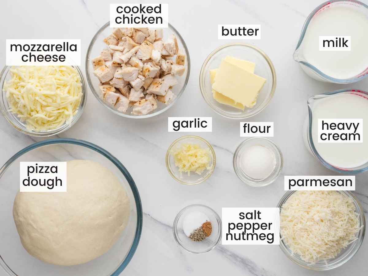 Ingredients needed to make a chicken alfredo pizza