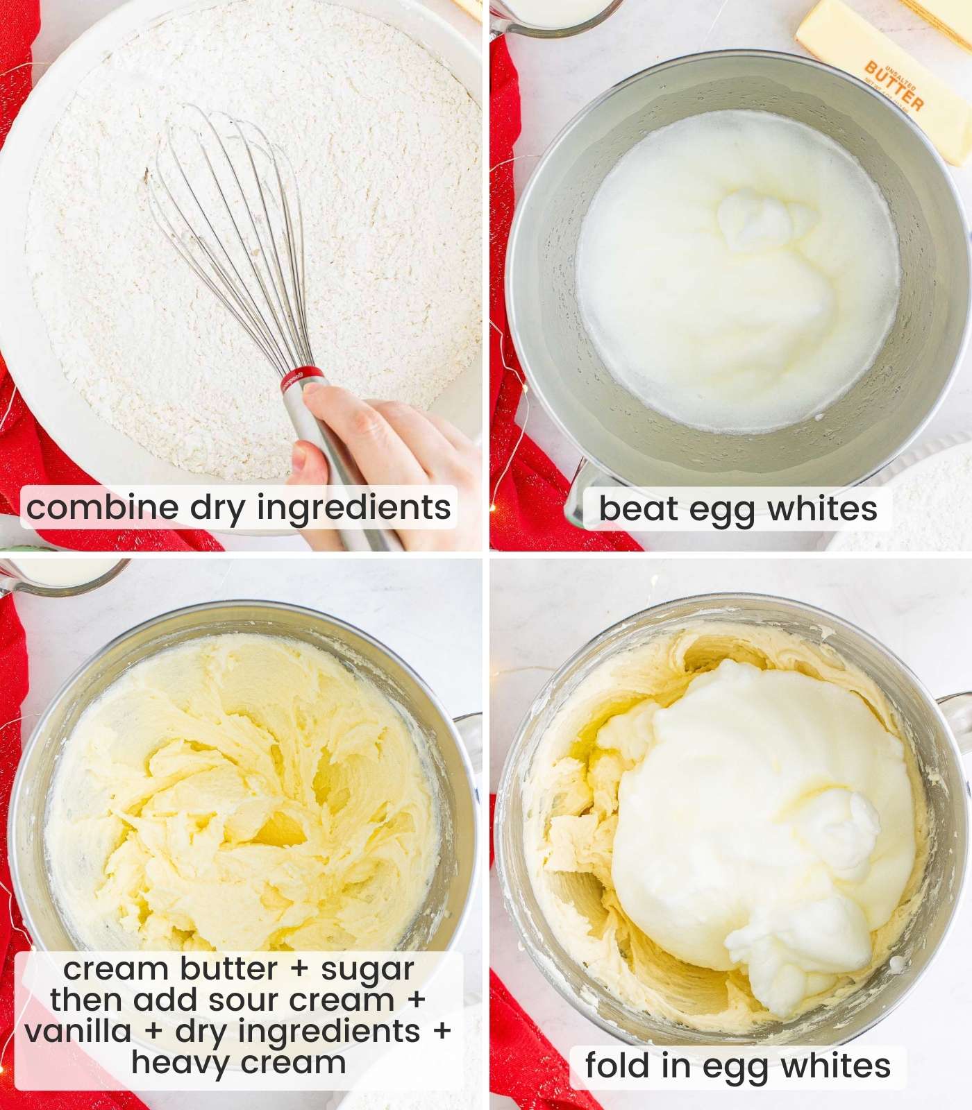 Collage of four images showing how to make the batter of the cake