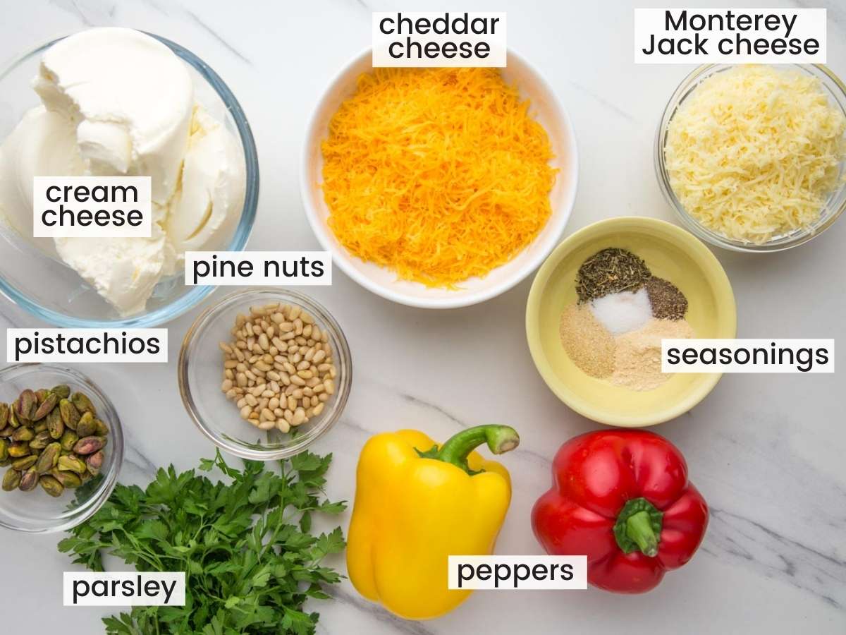 Ingredients needed to make a christmas tree cheese ball
