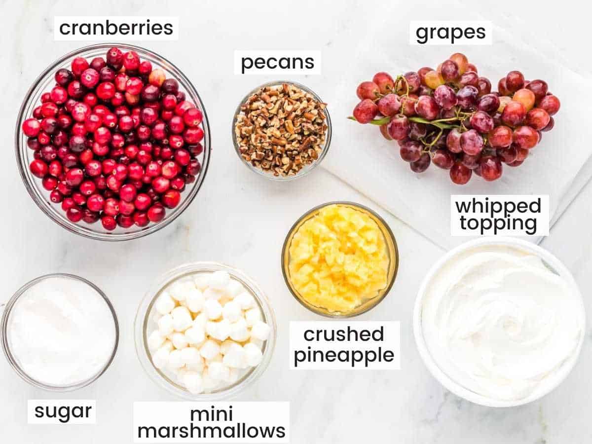 Ingredients needed to make cranberry fluff salad including cranberries, crushed pineapple, grapes, marshmallows, whipped topping, pecans, and sugar.