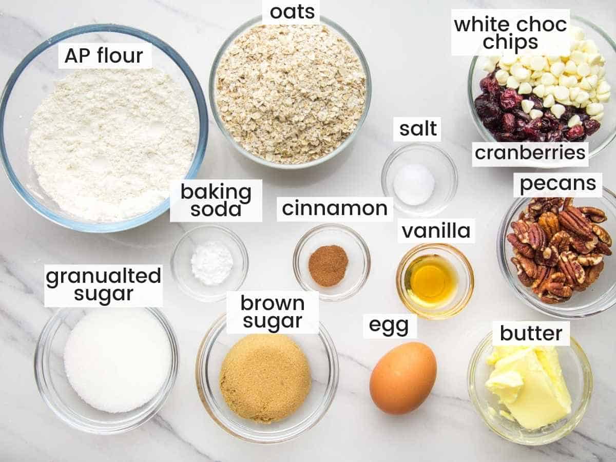 Ingredients needed for making cranberry oatmeal cookies