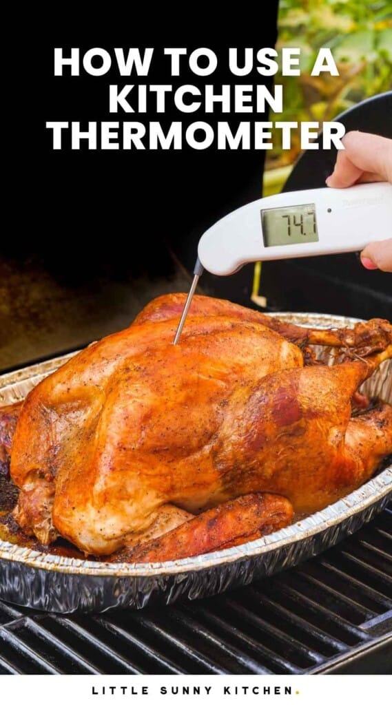 Probing a turkey with Thermapen ONE, and overlay text that says "How to use a kitchen thermometer"