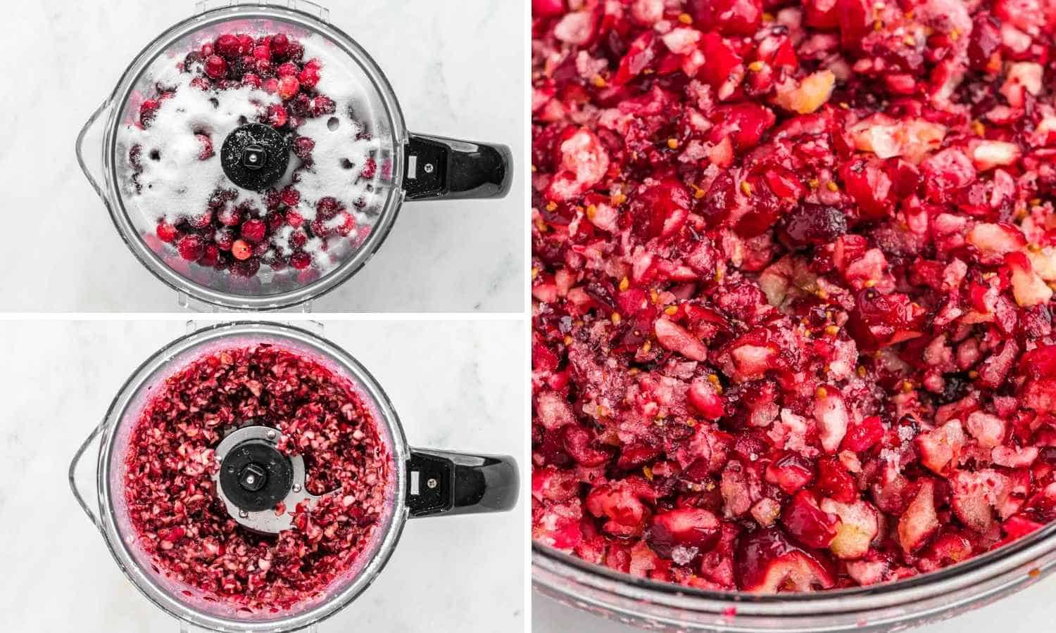 Collage of three images showing how to chop cranberries with sugar