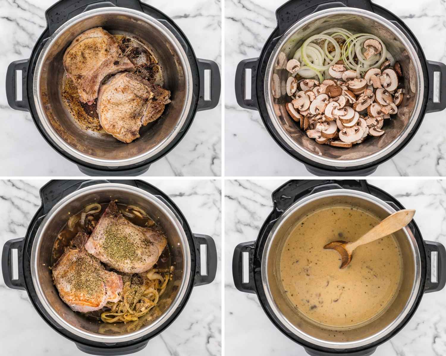 Collage of four images showing how to cook pork chops in the instant pot