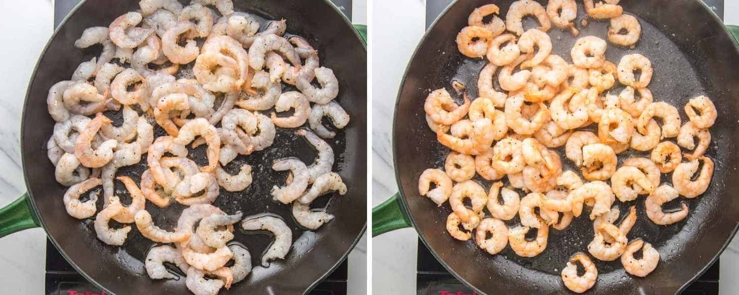 collage of 2 images showing how to cook shrimp in a skillet