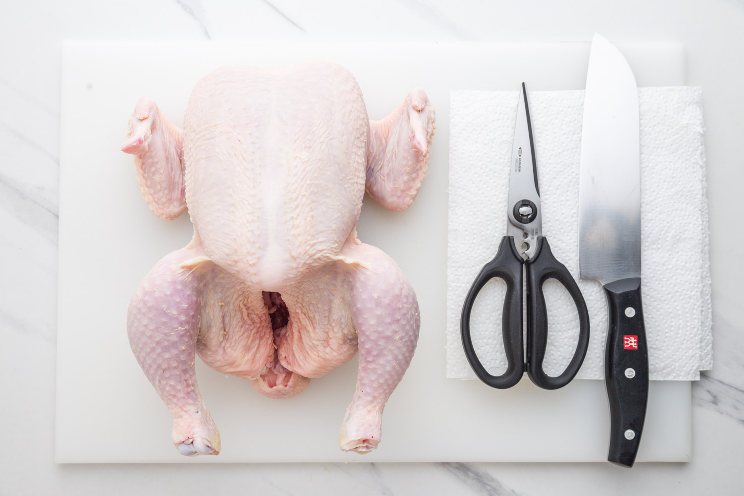 What's needed: a whole chicken, chef's knife, kitchen shears, and paper towels.