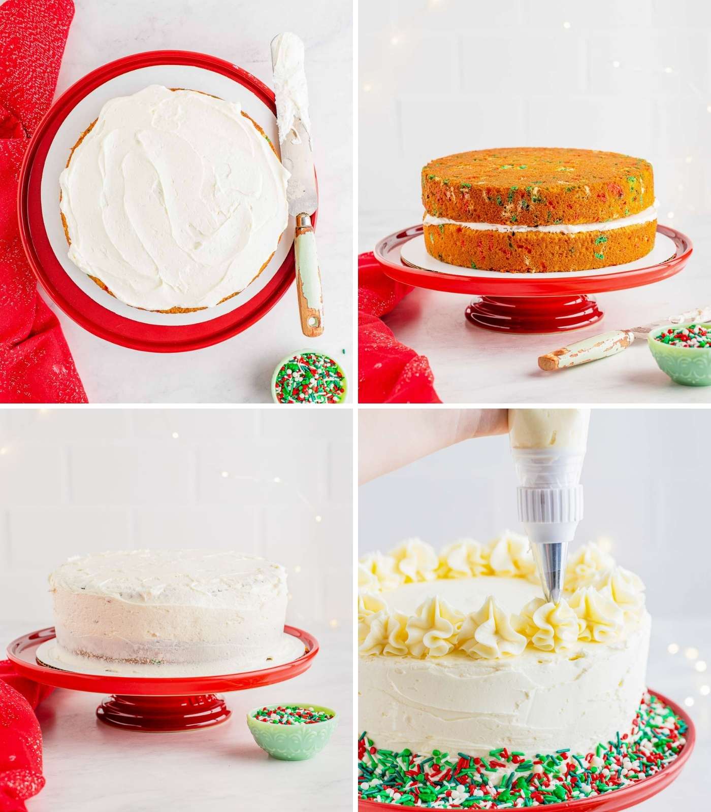 Collage of four images showing how to decorate a layer cake with vanilla buttercream