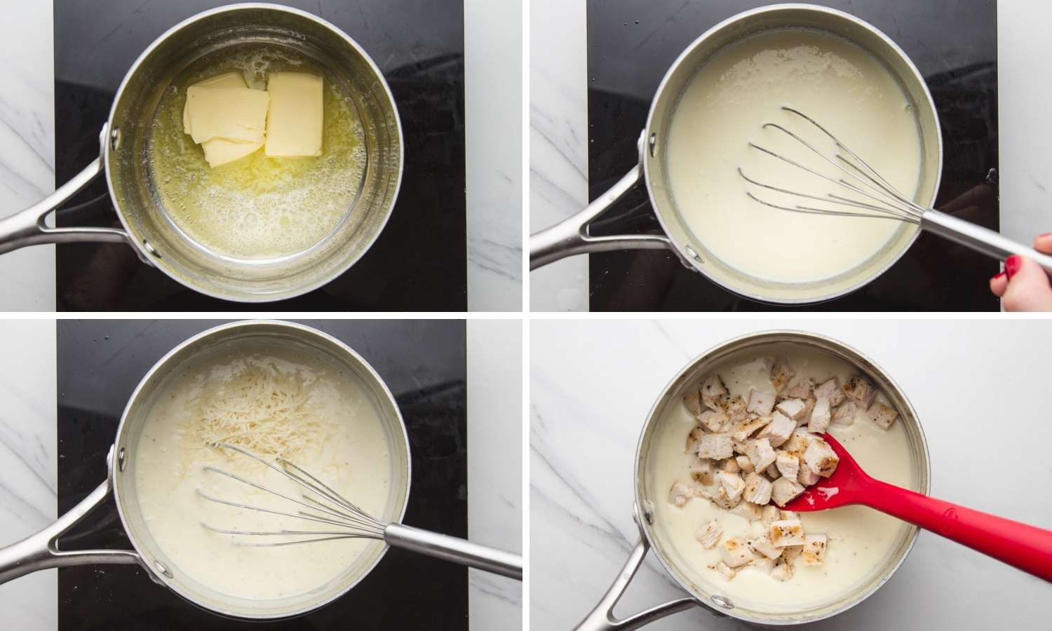 Collage of four images showing how to make alfredo sauce