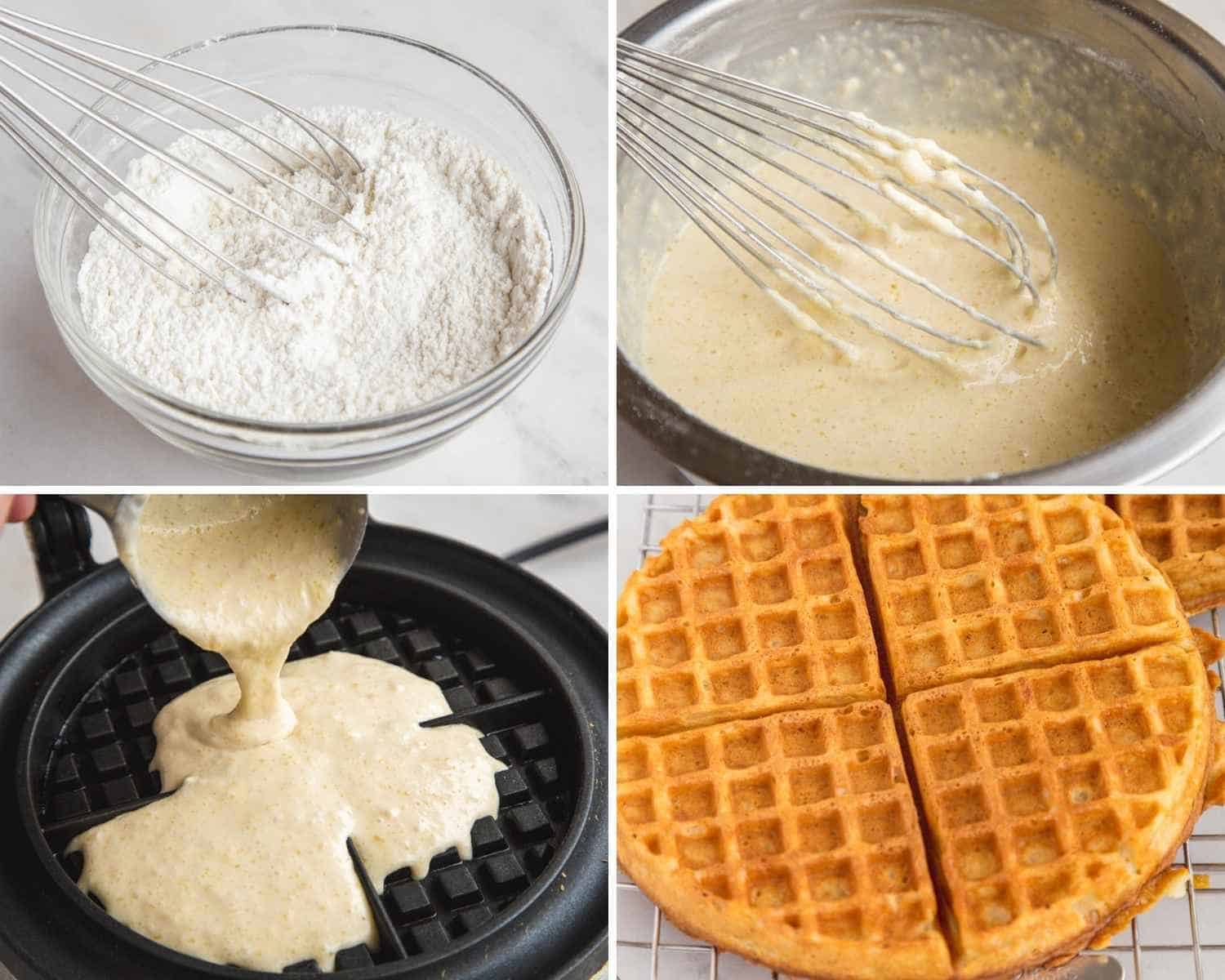 Collage of four images showing how to make homemade waffles
